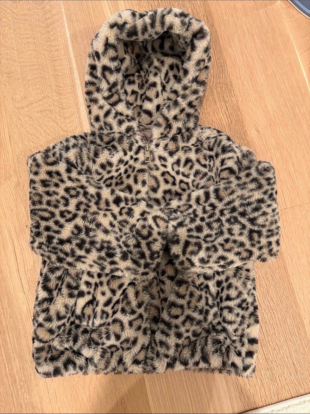 Zara Faux Leopard Print Hooded Faux-Fur Jacket - Beige & Black